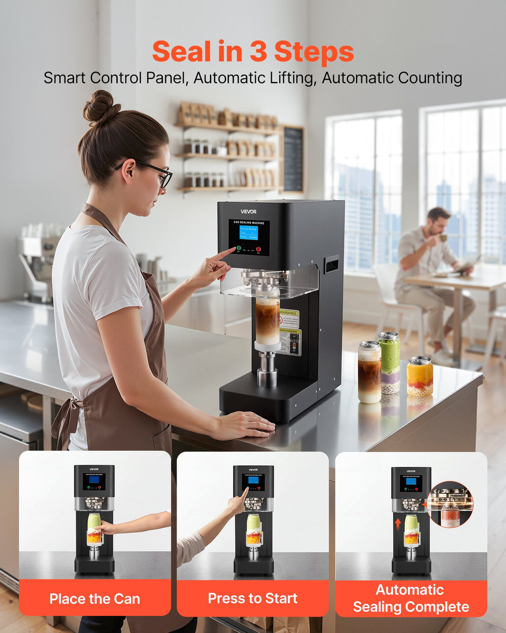 VEVOR Can Sealer Machine, Automatic Commercial Soda Can Sealing Machine for 2.17 in (55 mm) Aluminum and Plastic Cans, Height Adjustable, Steel Housing Beverage Drink Seamer, for Coffee Shop, Black