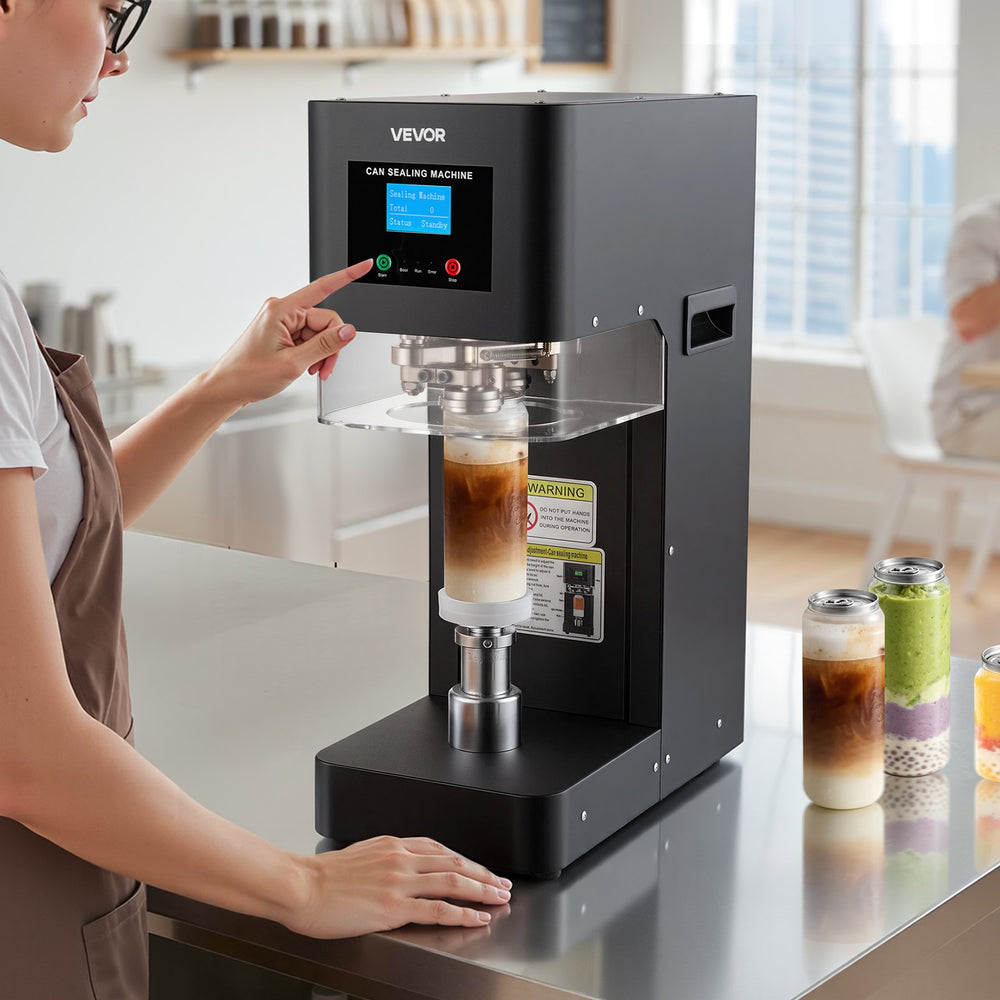VEVOR Can Sealer Machine, Automatic Commercial Soda Can Sealing Machine for 2.17 in (55 mm) Aluminum and Plastic Cans, Height Adjustable, Steel Housing Beverage Drink Seamer, for Coffee Shop, Black