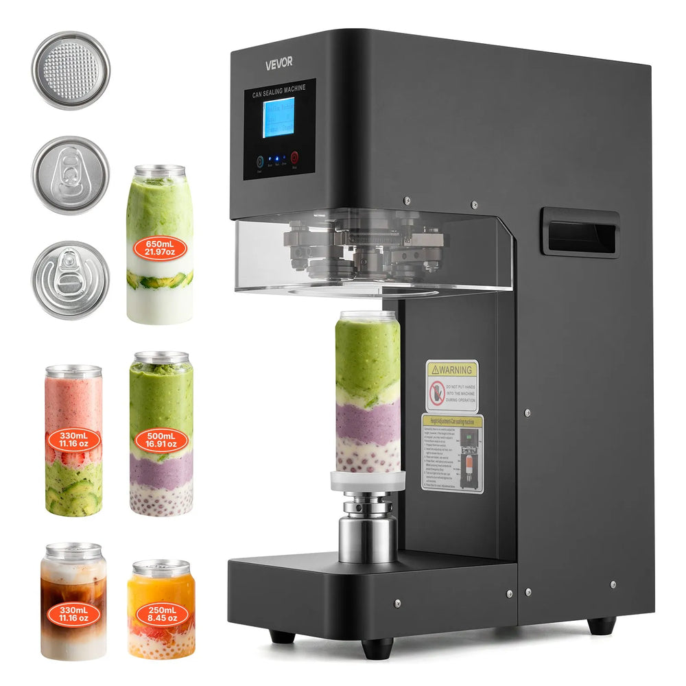 VEVOR Can Sealer Machine, Automatic Commercial Soda Can Sealing Machine for 2.17 in (55 mm) Aluminum and Plastic Cans, Height Adjustable, Steel Housing Beverage Drink Seamer, for Coffee Shop, Black