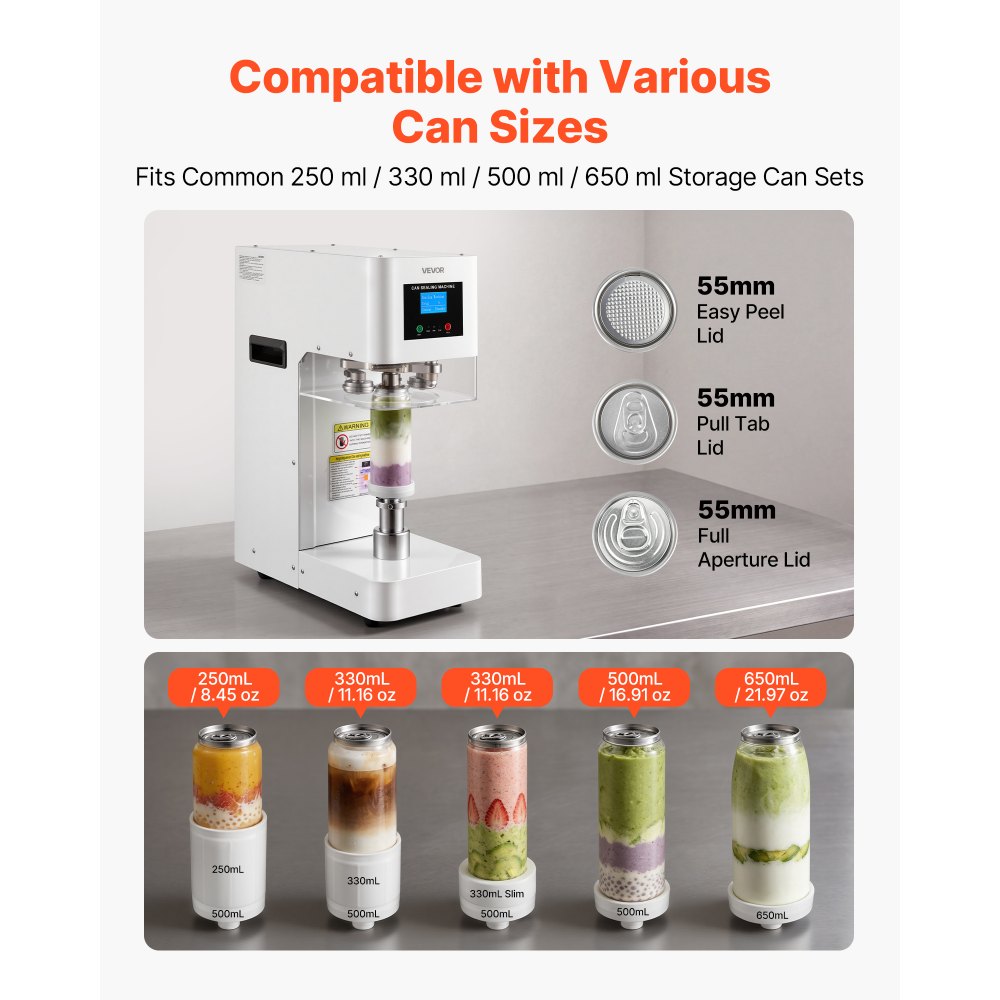 VEVOR Can Sealer Machine, Automatic Commercial Soda Can Sealing Machine for 2.17 in (55 mm) Aluminum and Plastic Cans, Height Adjustable, Steel Housing Beverage Drink Seamer, for Coffee Shop, White