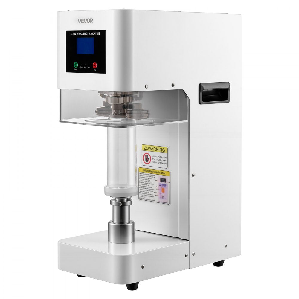 VEVOR Can Sealer Machine, Automatic Commercial Soda Can Sealing Machine for 2.17 in (55 mm) Aluminum and Plastic Cans, Height Adjustable, Steel Housing Beverage Drink Seamer, for Coffee Shop, White