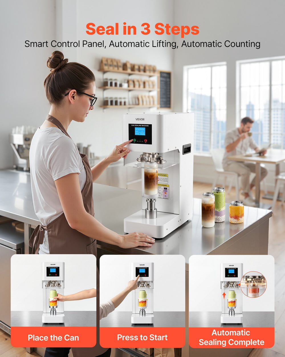 VEVOR Can Sealer Machine, Automatic Commercial Soda Can Sealing Machine for 2.17 in (55 mm) Aluminum and Plastic Cans, Height Adjustable, Steel Housing Beverage Drink Seamer, for Coffee Shop, White