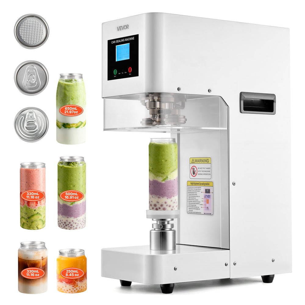 VEVOR Can Sealer Machine, Automatic Commercial Soda Can Sealing Machine for 2.17 in (55 mm) Aluminum and Plastic Cans, Height Adjustable, Steel Housing Beverage Drink Seamer, for Coffee Shop, White
