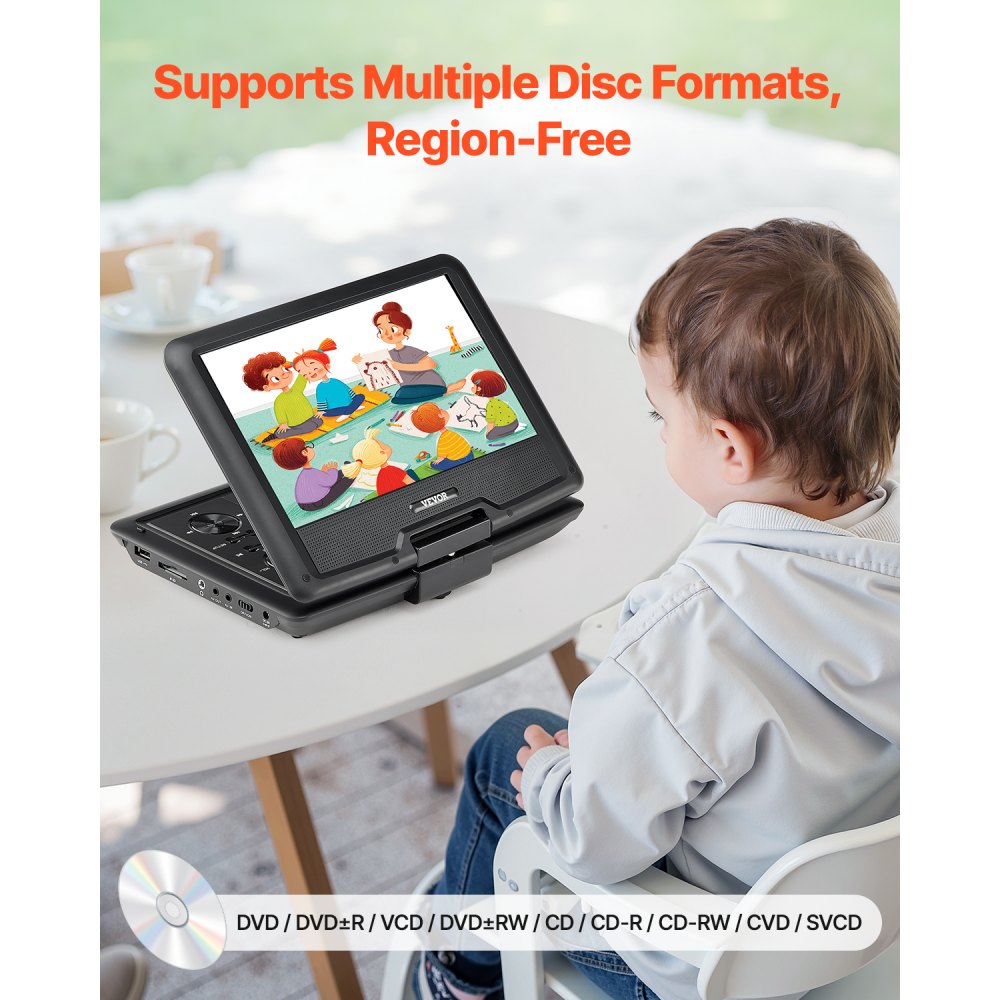 VEVOR Portable DVD Player, 10.1 inch HD Swivel Display Screen, 4 Hours Built-in Rechargeable Battery, Dual Speakers, Support Sync TV/USB/SD Card/CD/DVD, Car Charger, AC Power Adapter, Remote Control