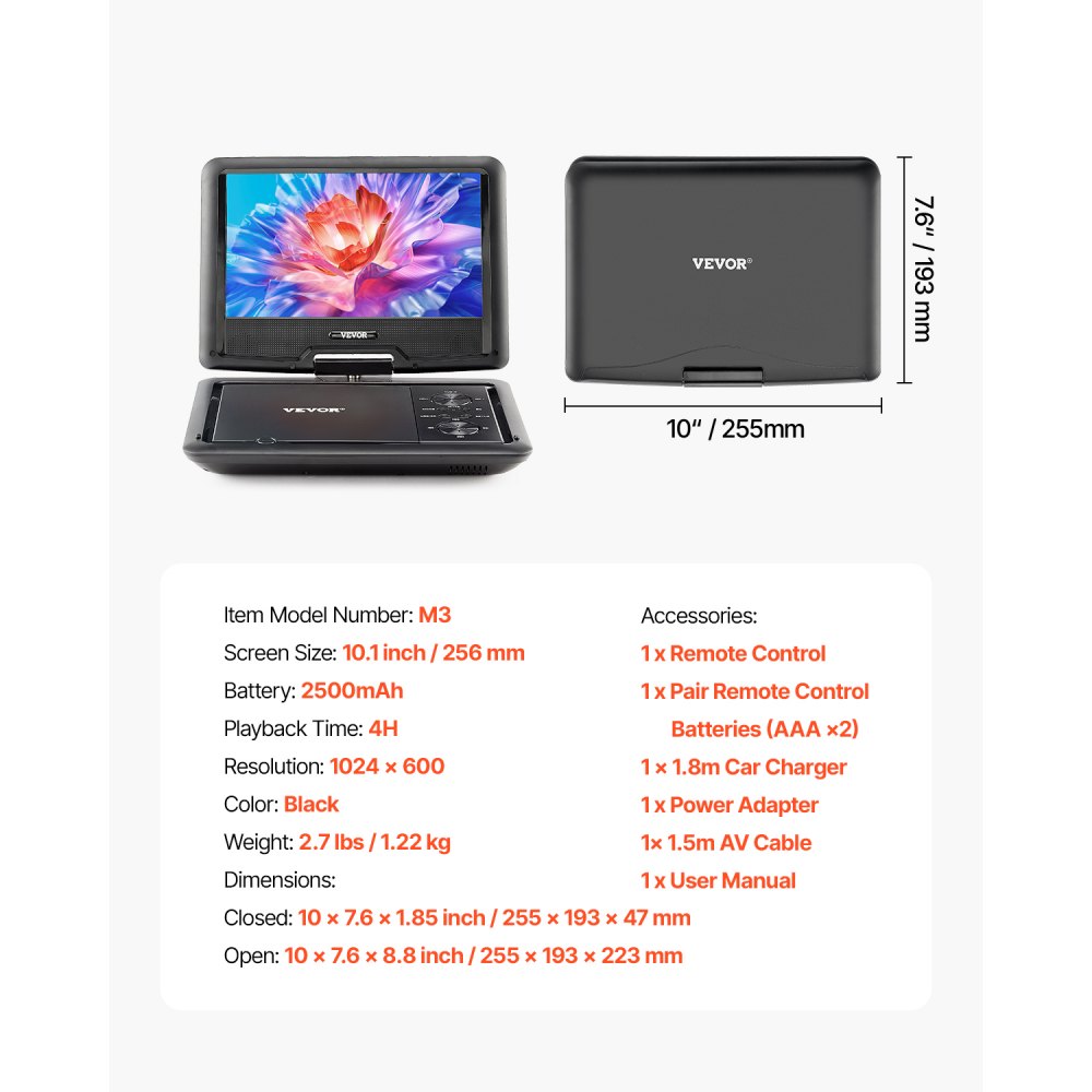 VEVOR Portable DVD Player, 10.1 inch HD Swivel Display Screen, 4 Hours Built-in Rechargeable Battery, Dual Speakers, Support Sync TV/USB/SD Card/CD/DVD, Car Charger, AC Power Adapter, Remote Control