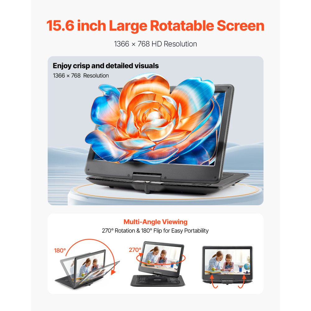 VEVOR Portable DVD Player, 15.6 inch HD Swivel Display Screen, 4.5-5 H Built-in Rechargeable Battery, Dual Speakers, Support Sync TV/USB/SD Card/CD/DVD, Car Charger, AC Power Adapter, Remote Control
