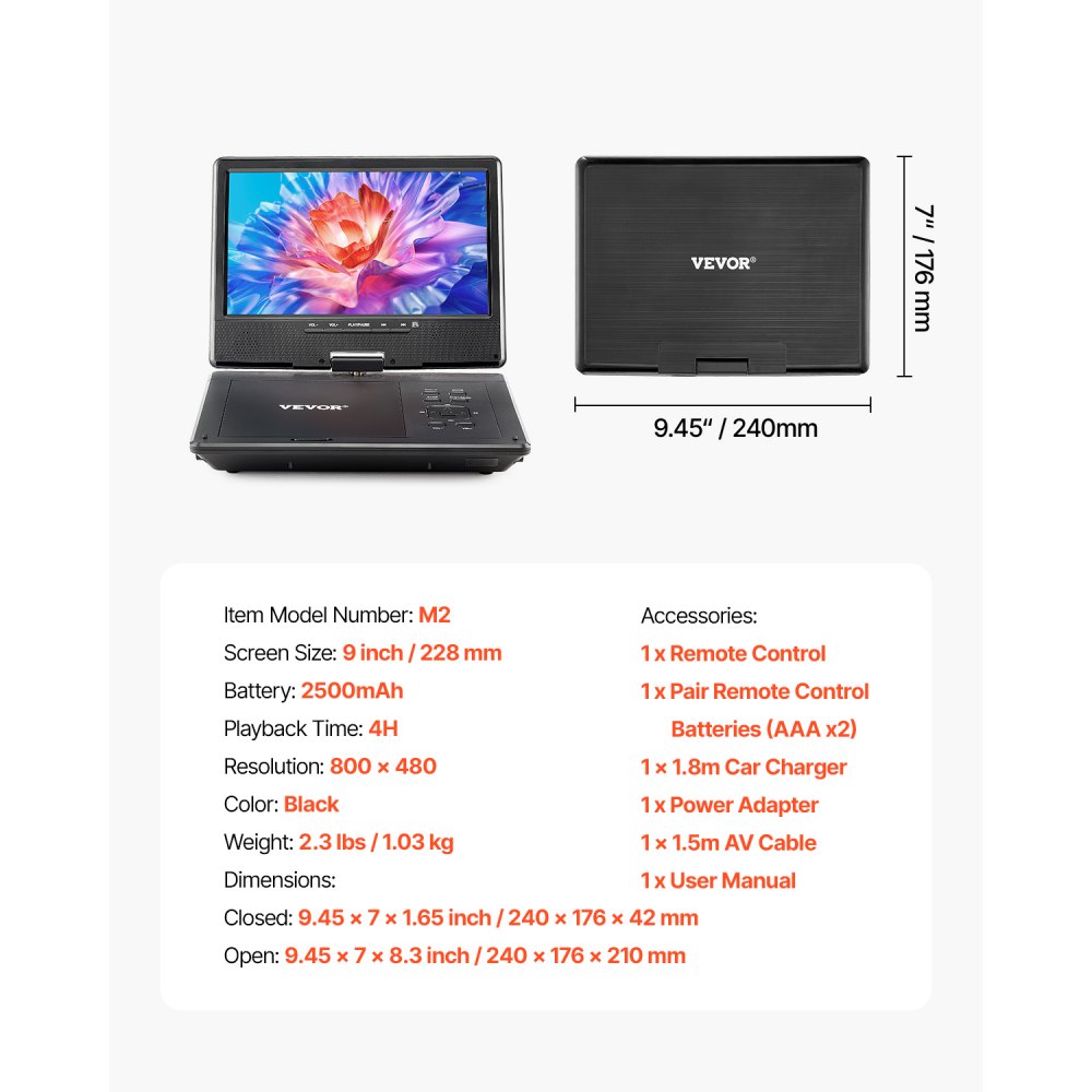 VEVOR Portable DVD Player, 9 inch HD Swivel Display Screen, 4 Hours Built-in Rechargeable Battery, Dual Speakers, Support Sync TV/USB/SD Card/CD/DVD, Car Charger, AC Power Adapter, Remote Control