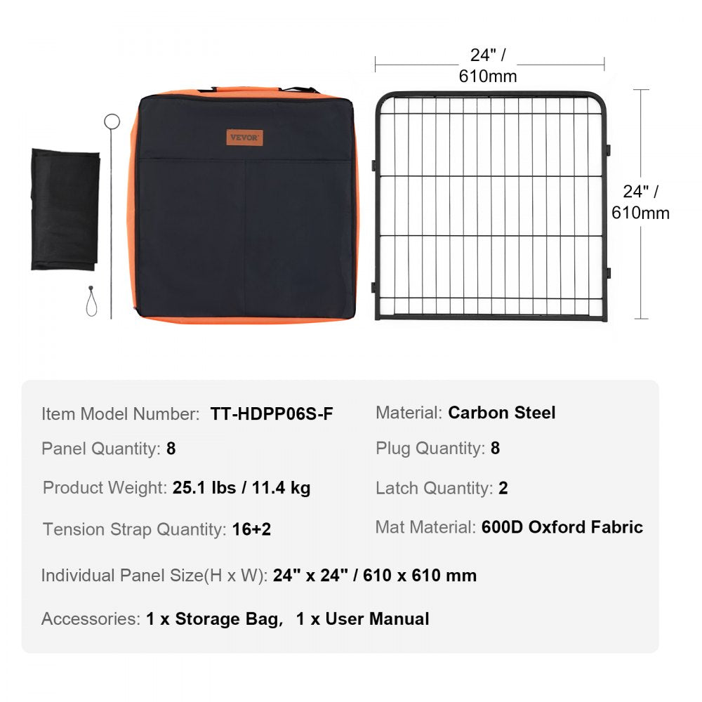VEVOR Dog Playpen, 8 Pcs 24 x 24 in Panels Foldable Metal Pet Exercise Pen, Dog Fence Indoor and Outdoor Pen with Door, Storage Bag and Bottom Pad, Pet Playpen for Dogs, Cats and Other Small Animals