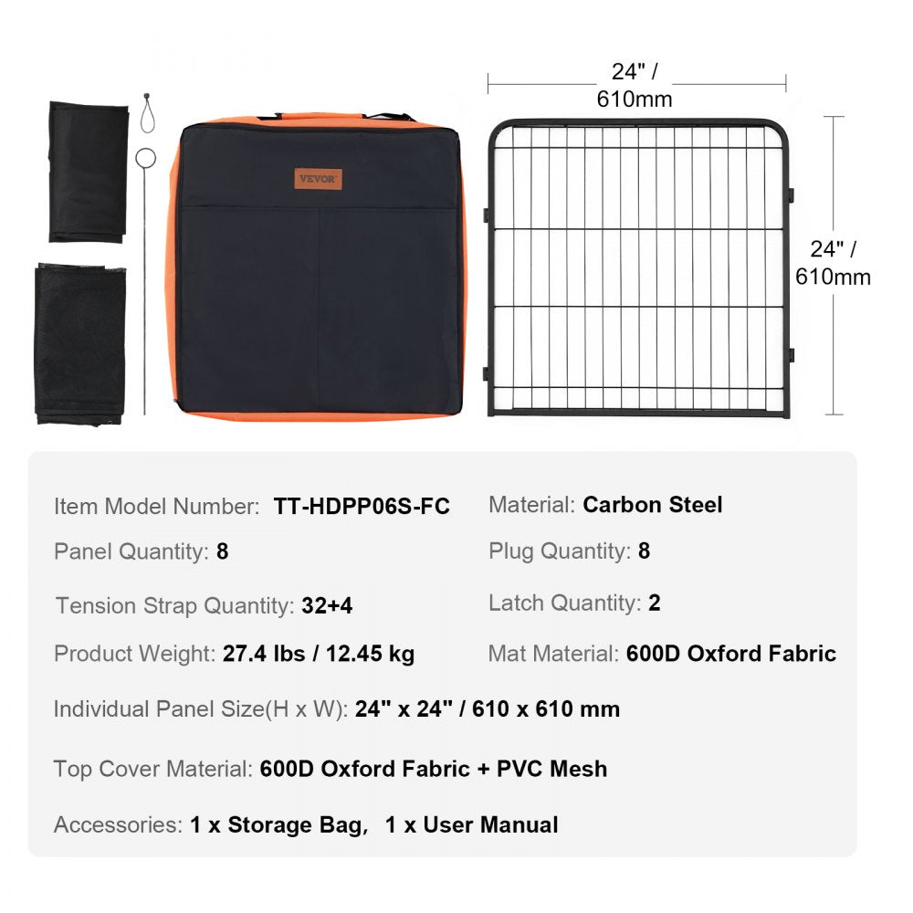 VEVOR Dog Playpen, 8 Pcs 24 x 24 in Panels Foldable Metal Pet Exercise Pen, Dog Fence Indoor and Outdoor Pen with Door, Storage Bag, Top Cover and Bottom Pad, for Dogs, Cats and Other Small Animals