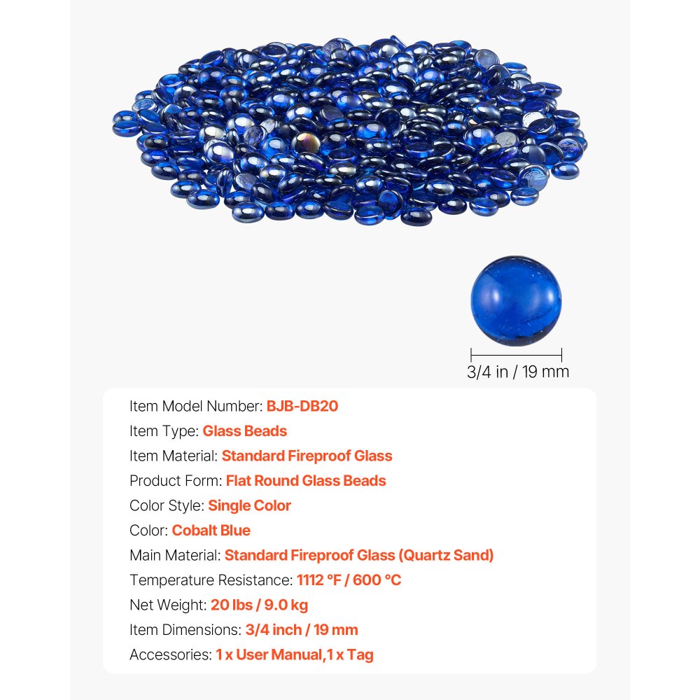 VEVOR Fire Glass, 20LBS / 9KG High-Temperature Resistant Fireplace Rocks, 3/4-Inch / 19.05 mm Reflective & Smokeless Firepit Glass Beads, High Luster Stone Landscaping for Fire Pit Table, Cobalt Blue