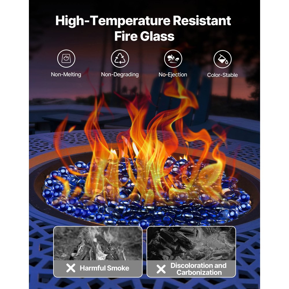 VEVOR Fire Glass, 10LBS/4.5KG High-Temperature Resistant Fireplace Rocks, 3/4-Inch / 19.05 mm Reflective & Smokeless Firepit Glass Beads, High Luster Stone Landscaping for Fire Pit Table, Cobalt Blue