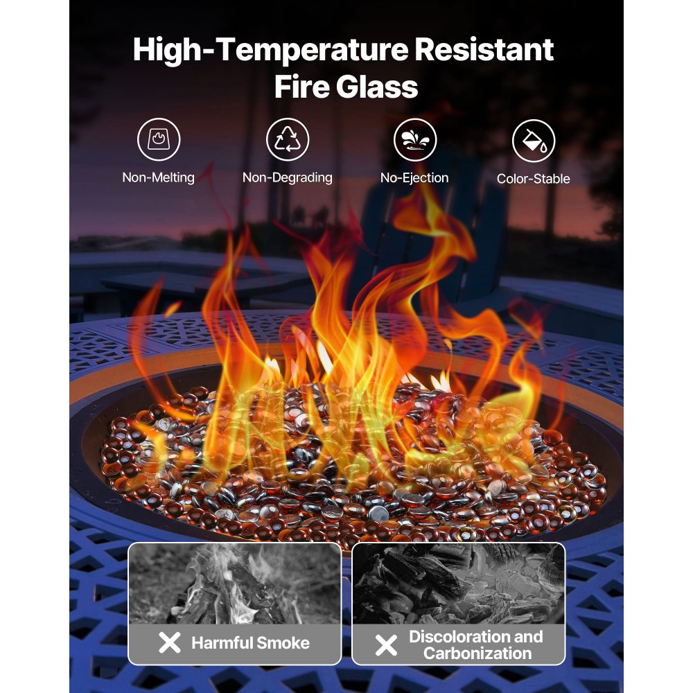 VEVOR Fire Glass, 10LBS / 4.5KG High-Temperature Resistant Fireplace Rocks, 3/4-Inch / 19.05 mm Reflective & Smokeless Firepit Glass Beads, High Luster Stone Landscaping for Fire Pit Table, Rich Amber