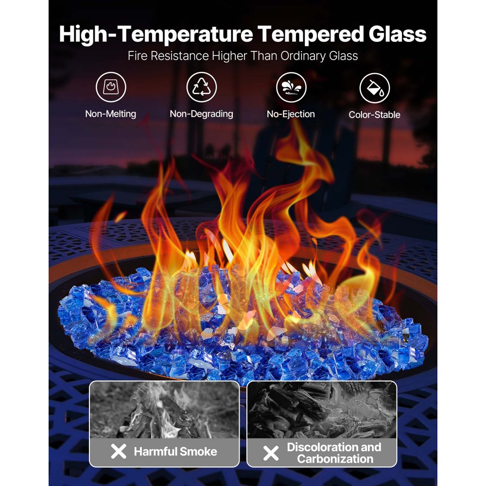 VEVOR Fire Glass, 20LBS / 9KG High-Temperature Resistant Fireplace Rocks, 1/2-Inch / 12.7 mm Reflective & Smokeless Firepit Glass Rock, High Luster Stone Landscaping for Fire Pit Table, Cobalt Blue