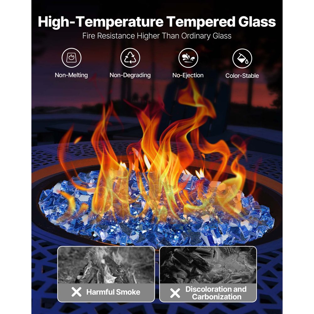 VEVOR Fire Glass, 10LBS / 4.5KG High-Temperature Resistant Fireplace Rocks, 1/4-Inch / 6.35 mm Reflective & Smokeless Firepit Glass Rock, High Luster Stone Landscaping for Fire Pit Table, Cobalt Blue