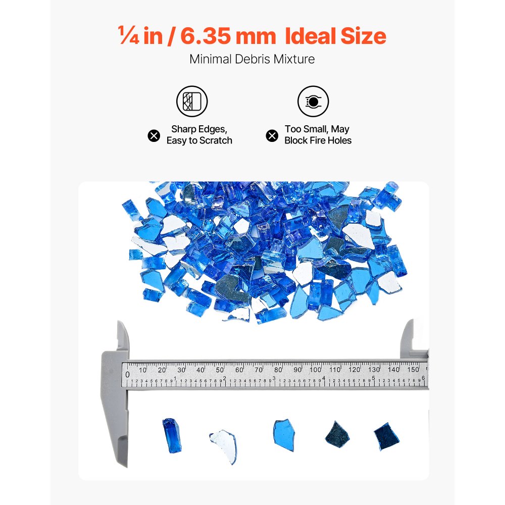VEVOR Fire Glass, 10LBS / 4.5KG High-Temperature Resistant Fireplace Rocks, 1/4-Inch / 6.35 mm Reflective & Smokeless Firepit Glass Rock, High Luster Stone Landscaping for Fire Pit Table, Cobalt Blue
