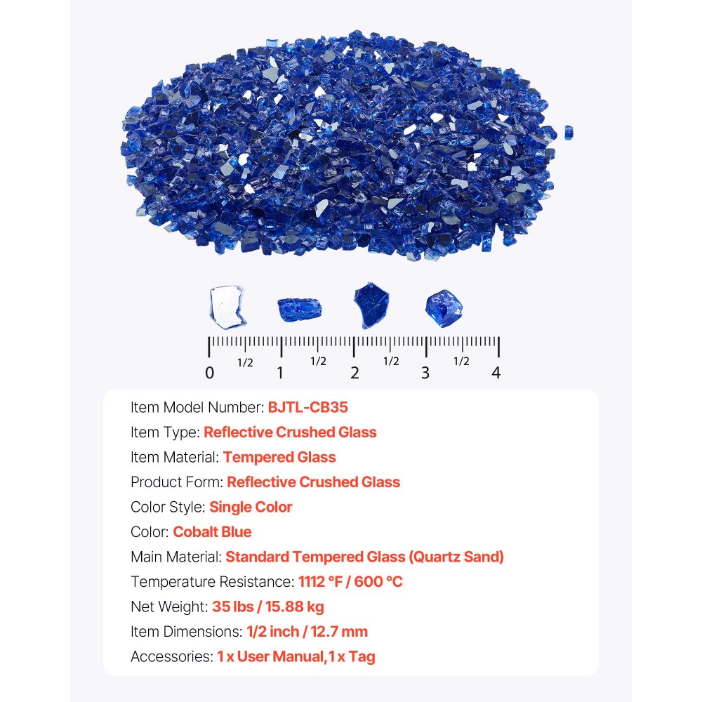 VEVOR Fire Glass, 35LBS / 15.88KG High-Temperature Resistant Fireplace Rocks, 1/2-Inch / 12.7mm Reflective & Smokeless Firepit Glass Rock, High Luster Stone Landscaping for Fire Pit Table, Cobalt Blue