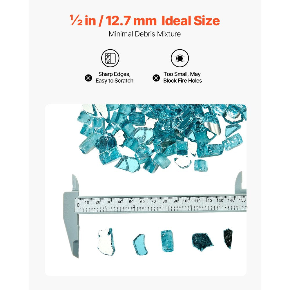 VEVOR Fire Glass, 10 LBS / 4.5 KG High-Temperature Resistant Fireplace Rocks, 1/2-Inch / 12.7 mm Reflective & Smokeless Firepit Glass Rock, High Luster Stone Landscaping for Fire Pit Table, Aqua Blue