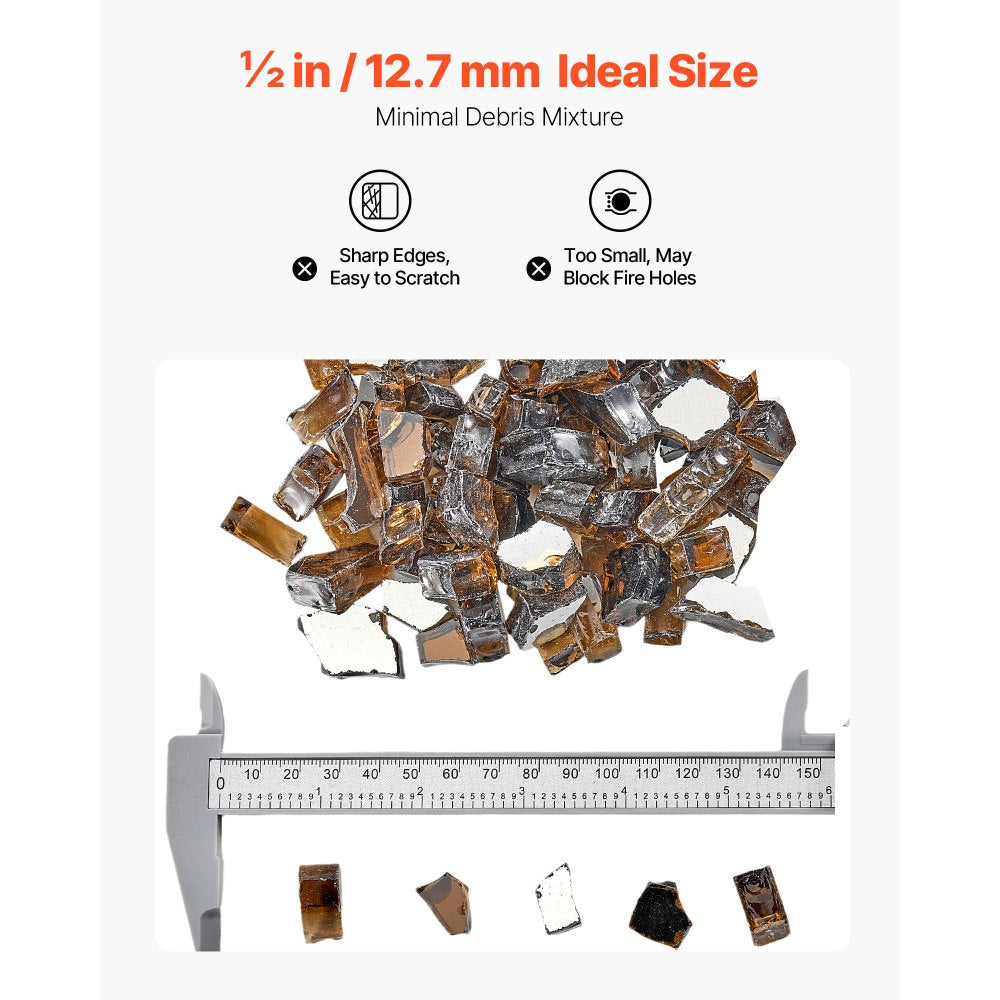 VEVOR Fire Glass, 20 LBS / 9.0 KG High-Temperature Resistant Fireplace Rocks, 1/2-Inch / 12.7 mm Reflective & Smokeless Firepit Glass Rock, High Luster Stone Landscaping for Fire Pit Table, Copper