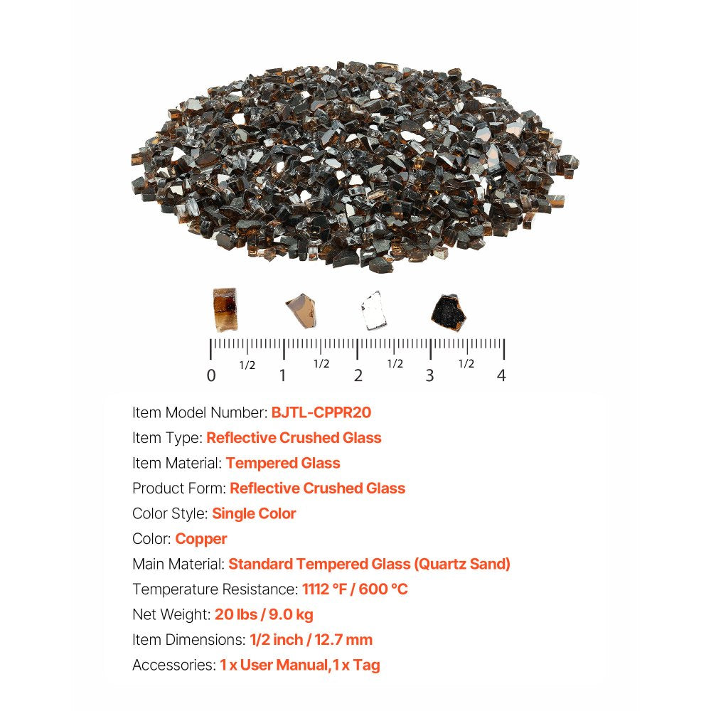 VEVOR Fire Glass, 20 LBS / 9.0 KG High-Temperature Resistant Fireplace Rocks, 1/2-Inch / 12.7 mm Reflective & Smokeless Firepit Glass Rock, High Luster Stone Landscaping for Fire Pit Table, Copper