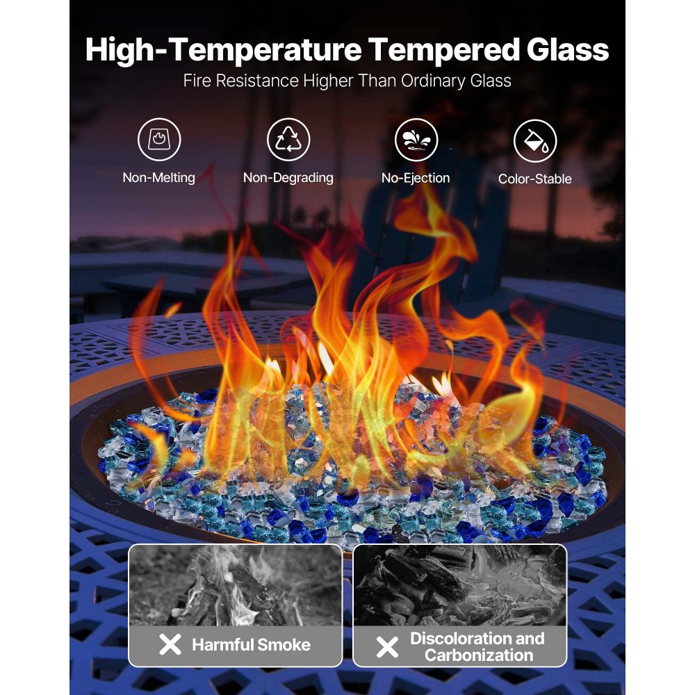 VEVOR Fire Glass, 10 LBS / 4.5 KG Fireplace Rocks, 1/2-Inch / 12.7 mm Reflective Firepit Glass Rock, High Luster & Smokeless Stone Landscaping for Fire Pit Table, Cobalt Blue + Aqua Blue + Clear