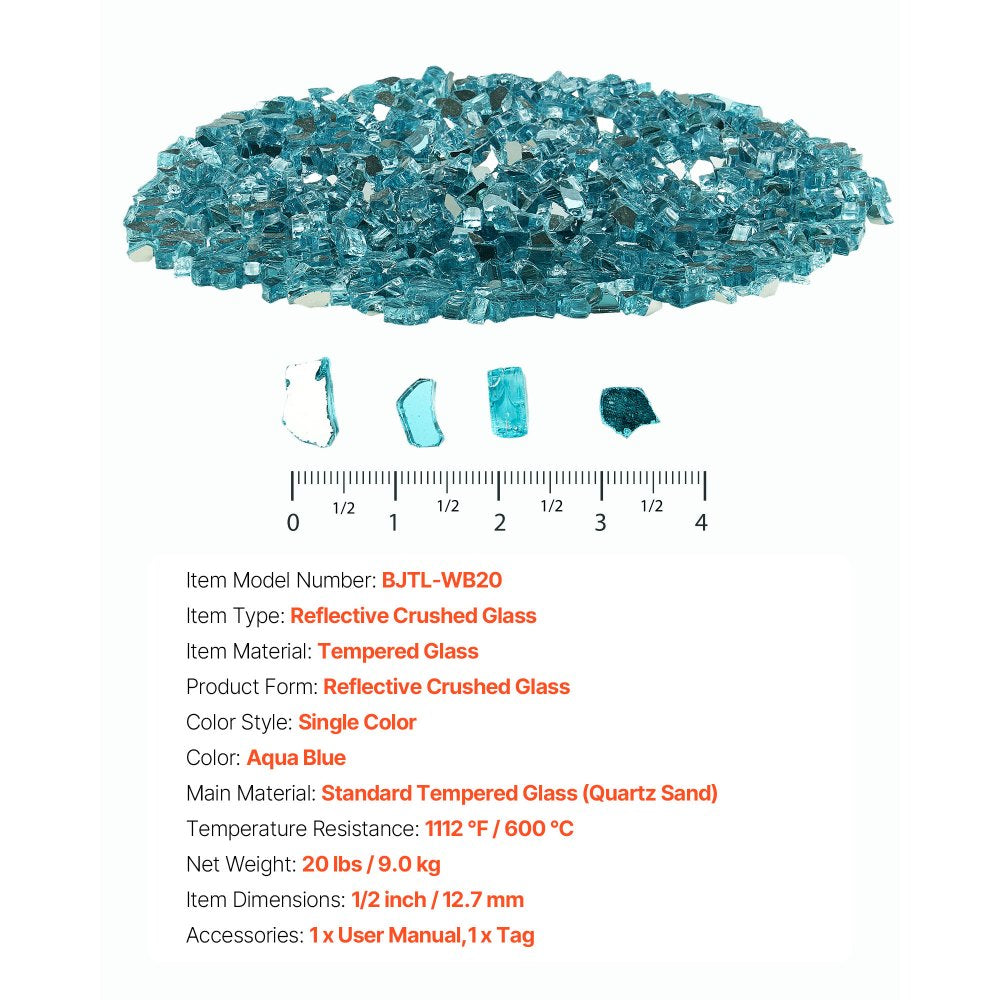 VEVOR Fire Glass, 20 LBS / 9 KG High-Temperature Resistant Fireplace Rocks, 1/2-Inch / 12.7 mm Reflective & Smokeless Firepit Glass Rock, High Luster Stone Landscaping for Fire Pit Table, Aqua Blue