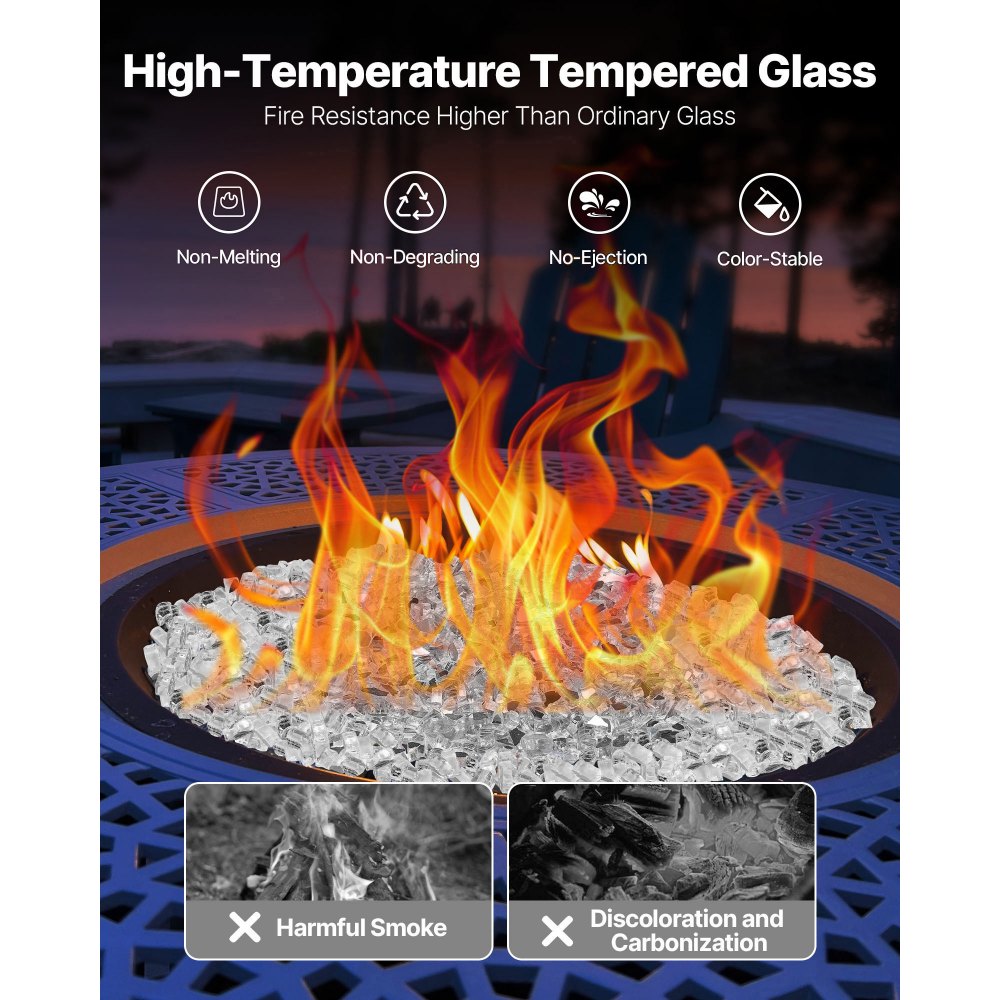 VEVOR Fire Glass, 10 LBS / 4.5 KG High-Temperature Resistant Fireplace Rocks, 1/2-Inch / 12.7 mm Reflective & Smokeless Firepit Glass Rock, High Luster Stone Landscaping for Fire Pit Table, Clear