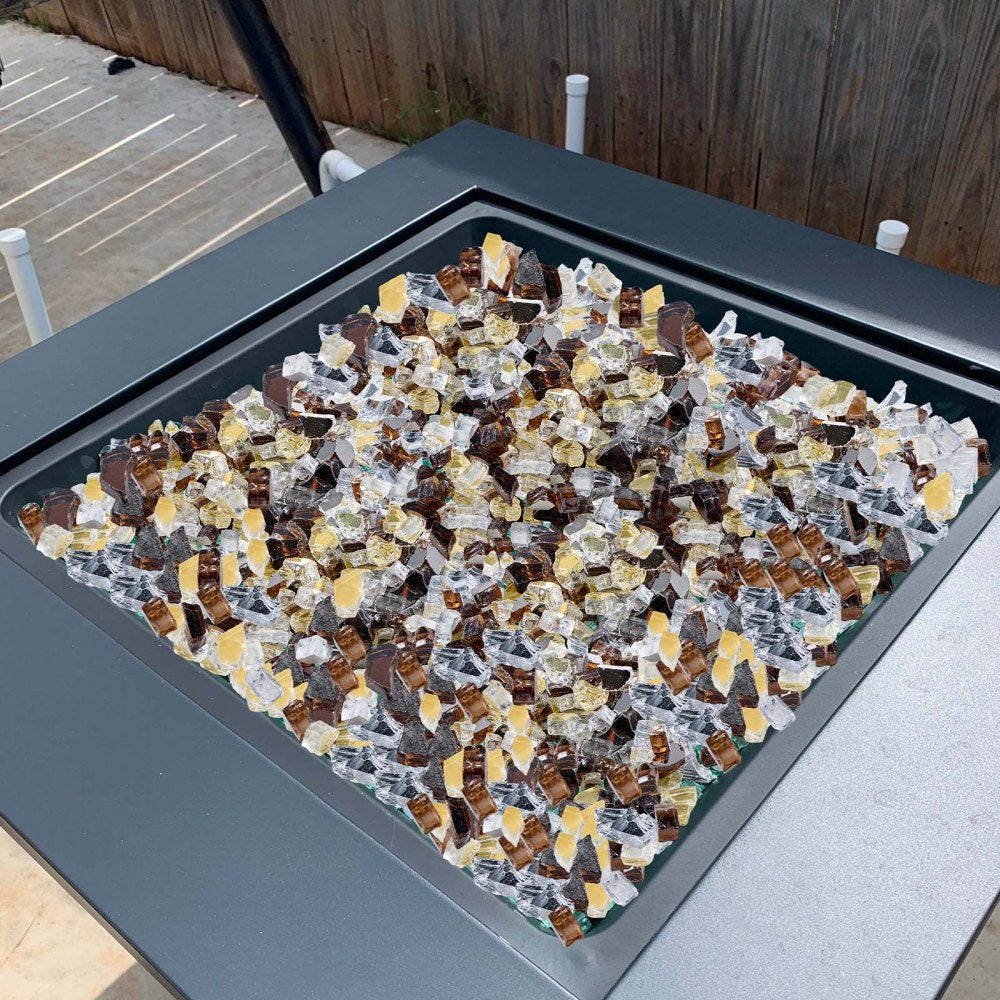 VEVOR Fire Glass, 10 LBS / 4.5 KG High-Temperature Resistant Fireplace Rocks, 1/2-Inch / 12.7 mm Reflective Firepit Glass Rock, High Luster Stone Landscaping for Fire Pit Table, Copper + Clear + Gold