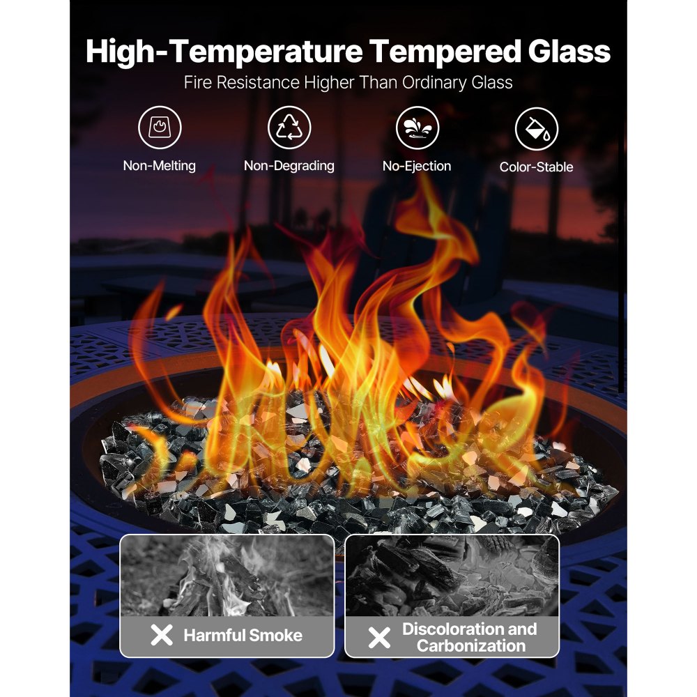 VEVOR Fire Glass, 10 LBS / 4.5 KG High-Temperature Resistant Fireplace Rocks, 1/2-Inch / 12.7 mm Reflective & Smokeless Firepit Glass Rock, High Luster Stone Landscaping for Fire Pit Table, Black
