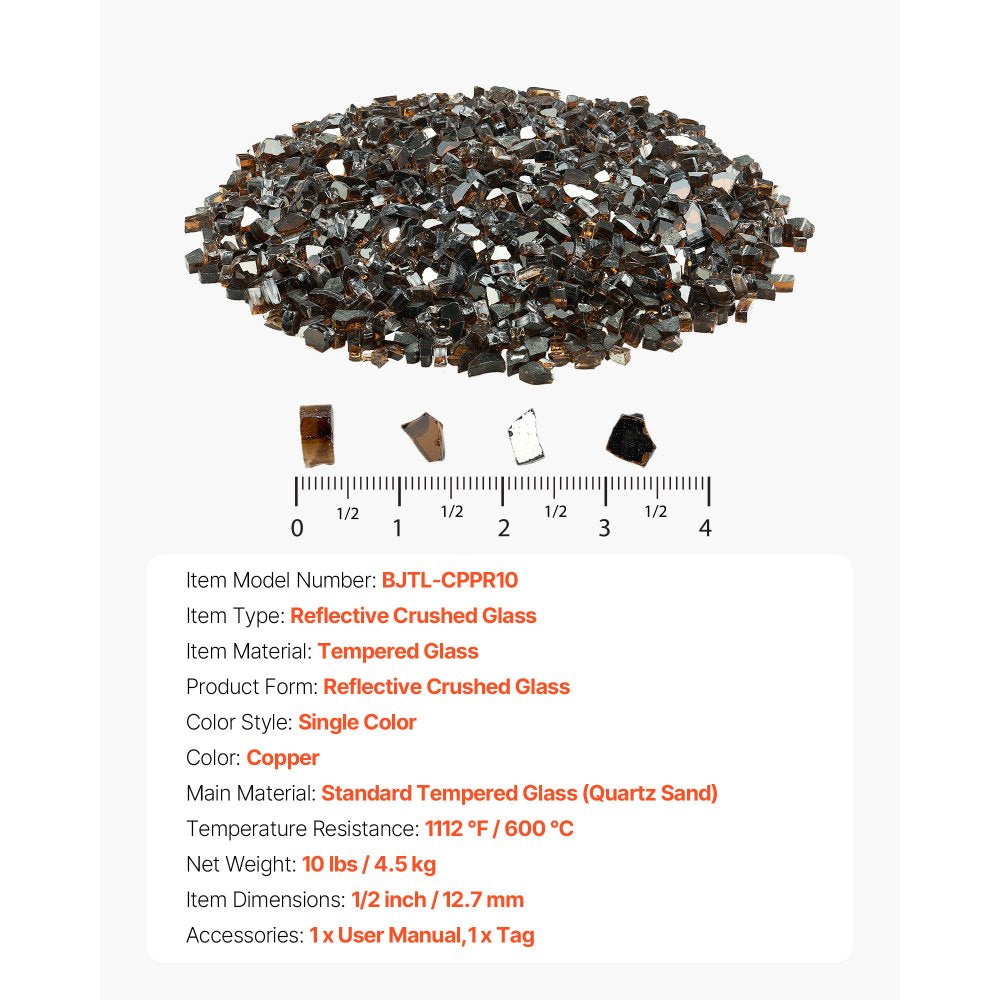 VEVOR Fire Glass, 10 LBS / 4.5 KG High-Temperature Resistant Fireplace Rocks, 1/2-Inch / 12.7 mm Reflective & Smokeless Firepit Glass Rock, High Luster Stone Landscaping for Fire Pit Table, Copper