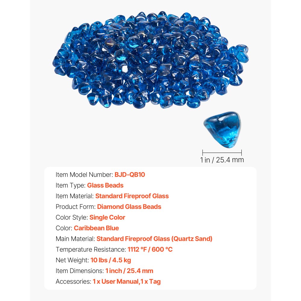 VEVOR Fire Glass, 10LBS / 4.5KG High-Temperature Resistant Fireplace Rocks, 1 Inch / 25.4 mm Reflective Firepit Glass Diamond Beads, High Luster Stone Landscaping for Fire Pit Table, Caribbean Blue