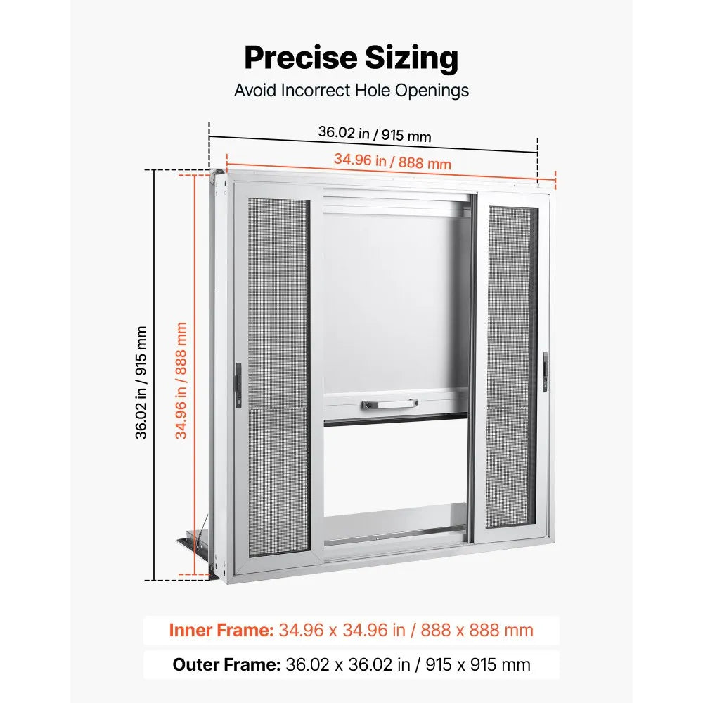 VEVOR Concession Window Folding Shelf 36x36in Aluminum Alloy Service Window, for Food Truck, Up to 85 Degrees, with 4 Sliding Screen Windows, Awning Door and Drag Hook, Rainwater Resistant