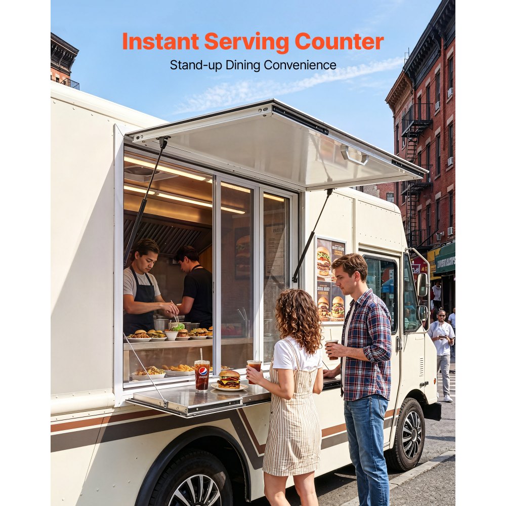 VEVOR Concession Window Folding Shelf 36x36in Aluminum Alloy Service Window, for Food Truck, Up to 85 Degrees, with 4 Sliding Screen Windows, Awning Door and Drag Hook, Rainwater Resistant