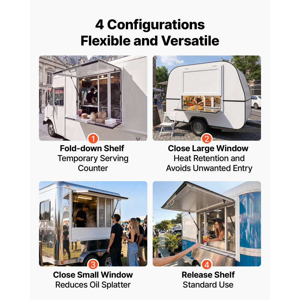 VEVOR Concession Window Folding Shelf 36x36in Aluminum Alloy Service Window, for Food Truck, Up to 85 Degrees, with 4 Sliding Screen Windows, Awning Door and Drag Hook, Rainwater Resistant