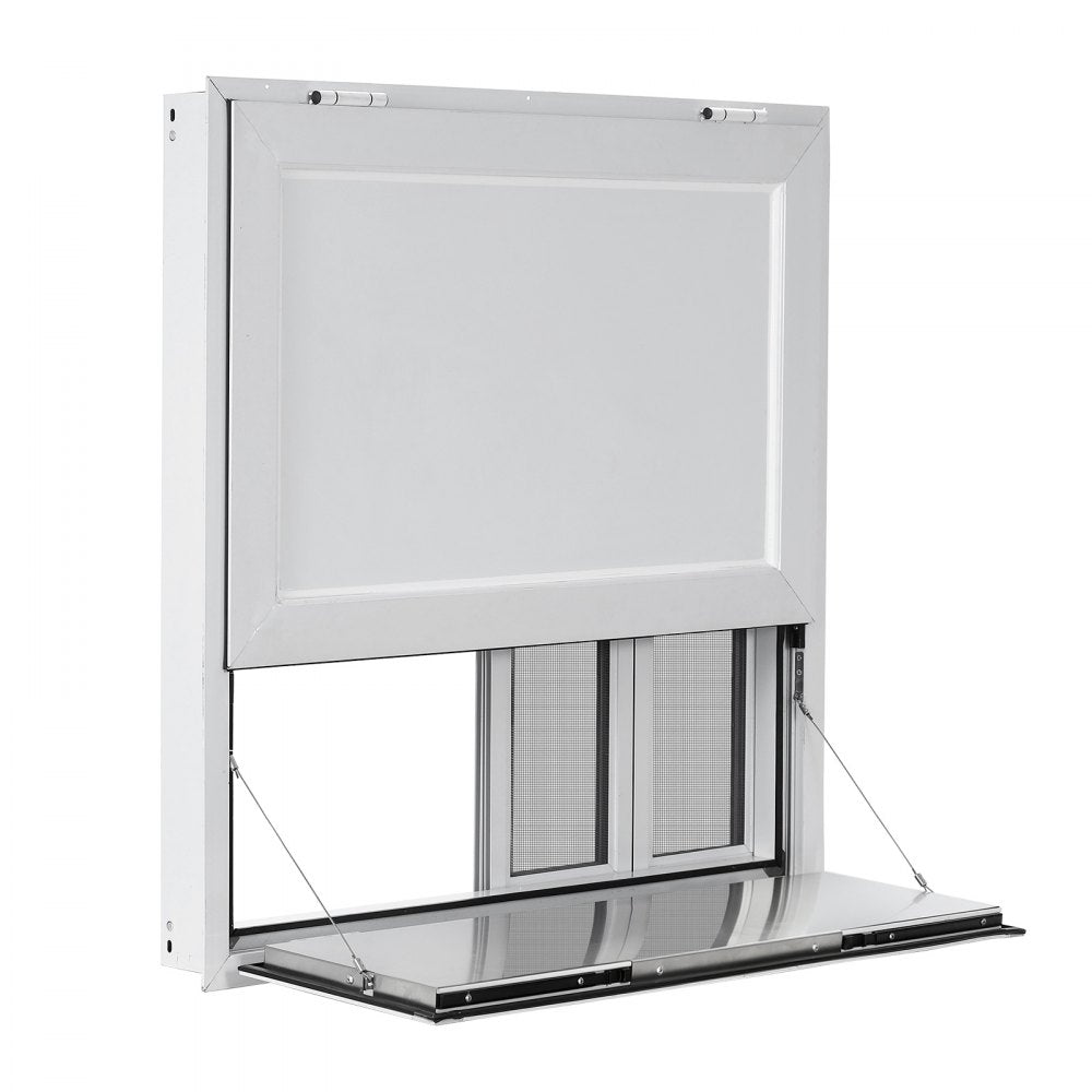 VEVOR Concession Window Folding Shelf 36x36in Aluminum Alloy Service Window, for Food Truck, Up to 85 Degrees, with 4 Sliding Screen Windows, Awning Door and Drag Hook, Rainwater Resistant