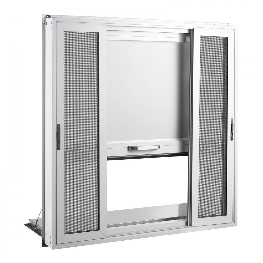 VEVOR Concession Window Folding Shelf 36x36in Aluminum Alloy Service Window, for Food Truck, Up to 85 Degrees, with 4 Sliding Screen Windows, Awning Door and Drag Hook, Rainwater Resistant