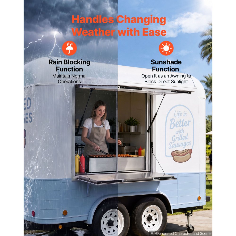 VEVOR Concession Window Folding Shelf 36x36in Aluminum Alloy Service Window, for Food Truck, Up to 85 Degrees, with Awning Door and Drag Hook, Rainwater Resistant