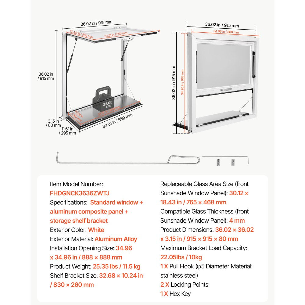 VEVOR Concession Window Folding Shelf 36x36in Aluminum Alloy Service Window, for Food Truck, Up to 85 Degrees, with Awning Door and Drag Hook, Rainwater Resistant