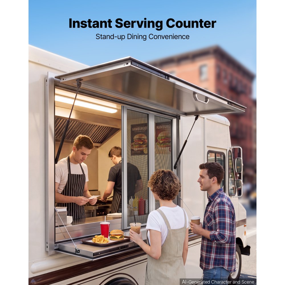 VEVOR Concession Window Folding Shelf 48x36in Aluminum Alloy Service Window, for Food Truck, Up to 85 Degrees, with 4 Sliding Screen Windows, Awning Door and Drag Hook, Rainwater Resistant