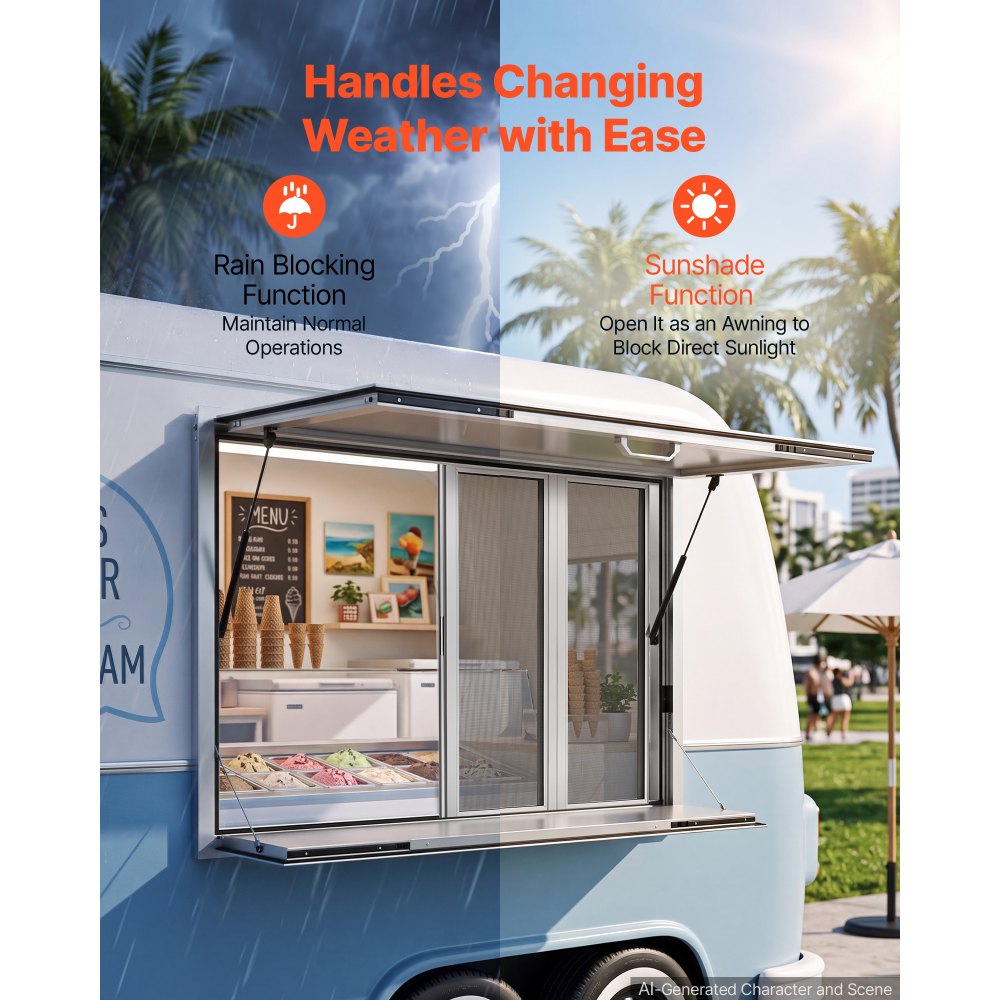 VEVOR Concession Window Folding Shelf 48x36in Aluminum Alloy Service Window, for Food Truck, Up to 85 Degrees, with 4 Sliding Screen Windows, Awning Door and Drag Hook, Rainwater Resistant