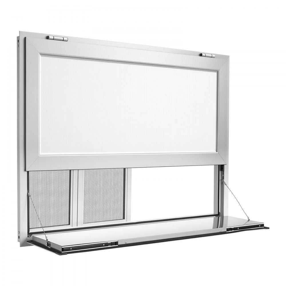 VEVOR Concession Window Folding Shelf 48x36in Aluminum Alloy Service Window, for Food Truck, Up to 85 Degrees, with 4 Sliding Screen Windows, Awning Door and Drag Hook, Rainwater Resistant