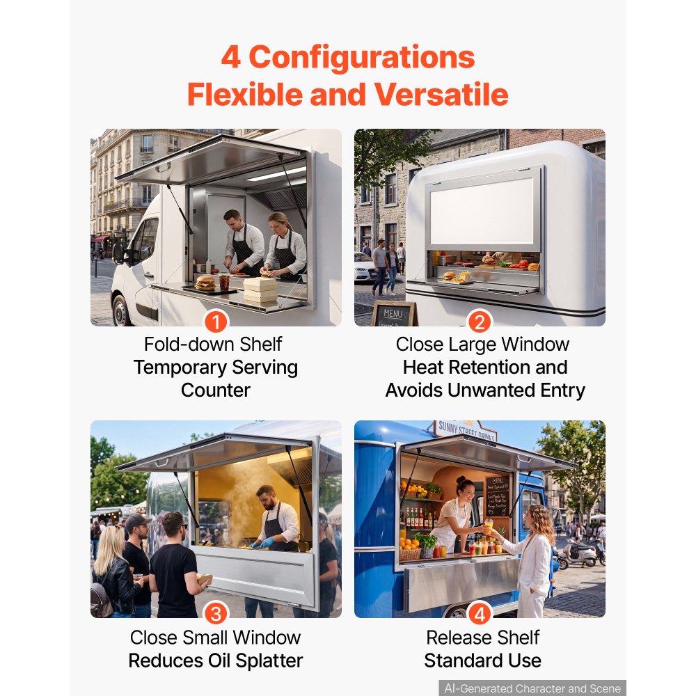 VEVOR Concession Window Folding Shelf 48x36in Aluminum Alloy Service Window, for Food Truck, Up to 85 Degrees, with Awning Door and Drag Hook, Rainwater Resistant