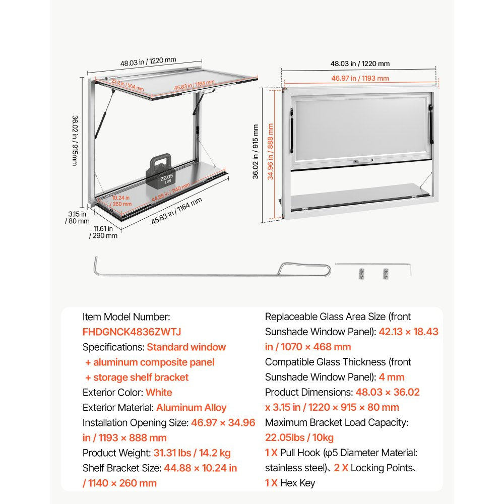 VEVOR Concession Window Folding Shelf 48x36in Aluminum Alloy Service Window, for Food Truck, Up to 85 Degrees, with Awning Door and Drag Hook, Rainwater Resistant