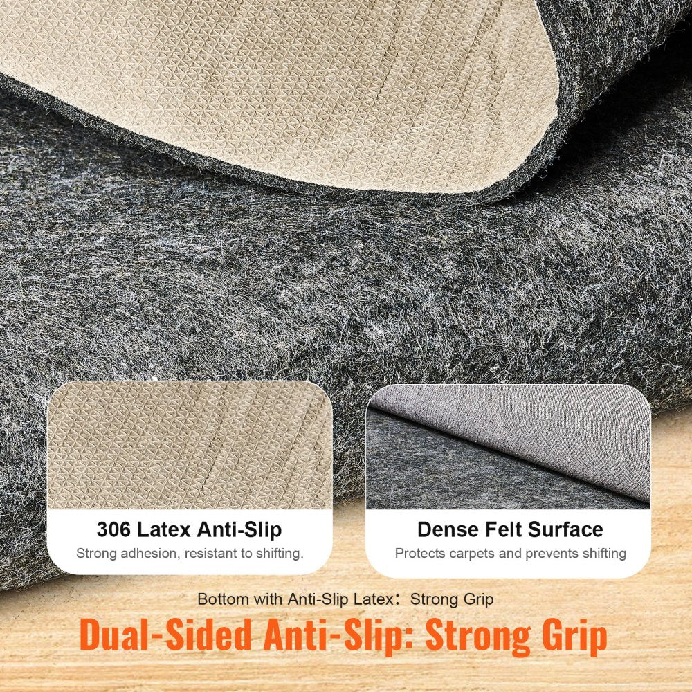 VEVOR - Slip-Resistant Rug Pad - Protective Cushioning Carpet Pad - 8' x 10' - 1/4"Thick - Dual Surface - Polyester Felt + Latex - Gray - 7-8㎡ Area Carpet Padding Rug Cushion Safe for All Floors