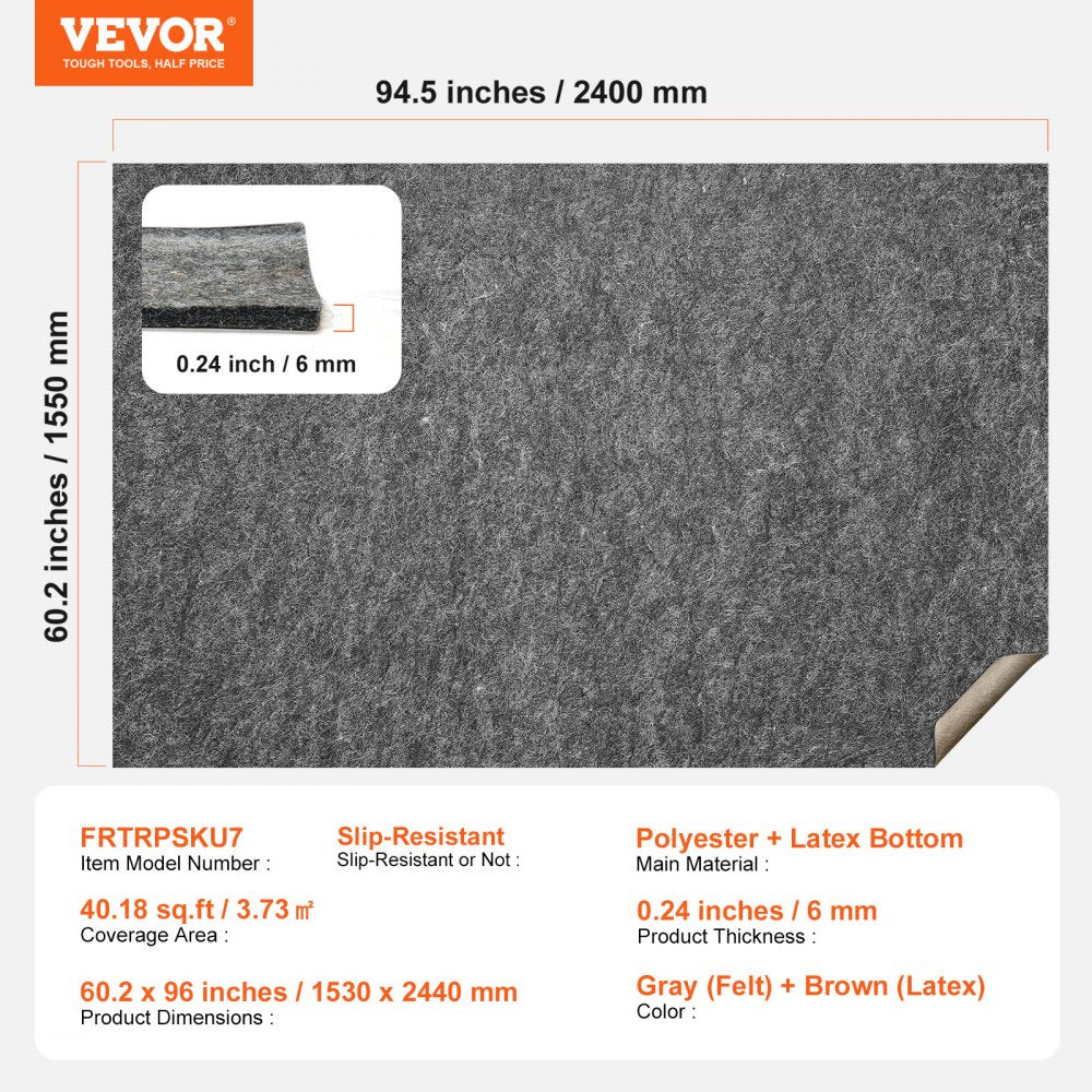 VEVOR - Slip-Resistant Rug Pad - Protective Cushioning Carpet Pad - 5' x 8' - 1/4"Thick - Dual Surface - Polyester Felt + Latex - Gray - 3-4㎡ Area Carpet Padding Rug Cushion Safe for All Floors