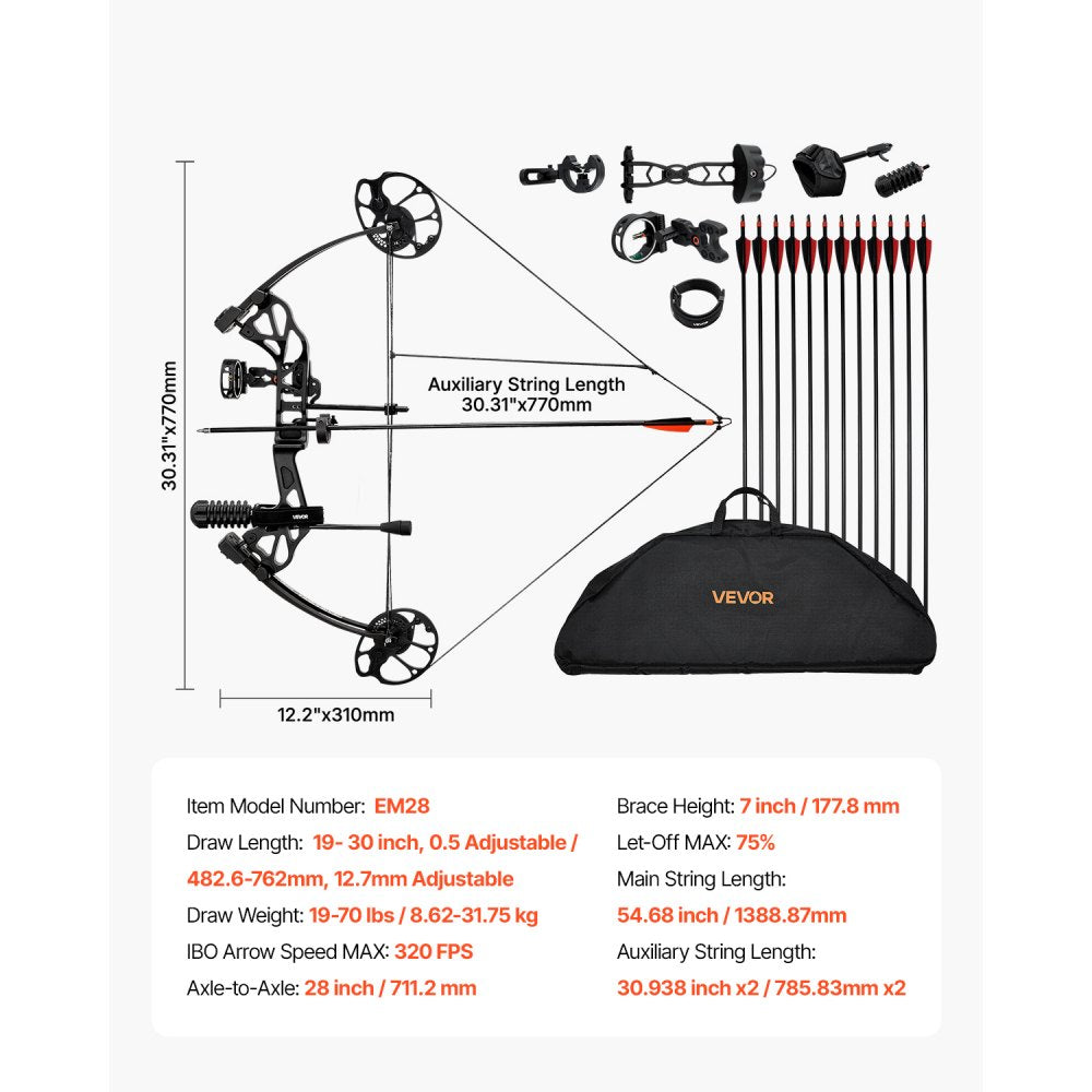 VEVOR Compound Bow Archery, Adjustable 19-30 in Draw Length Compound Bow Package for Beginner, 19-70 Lbs Draw Weight Archery Bows and Arrow Set, Right Hand Kit with Hunting Equipment, 320 fps, Black
