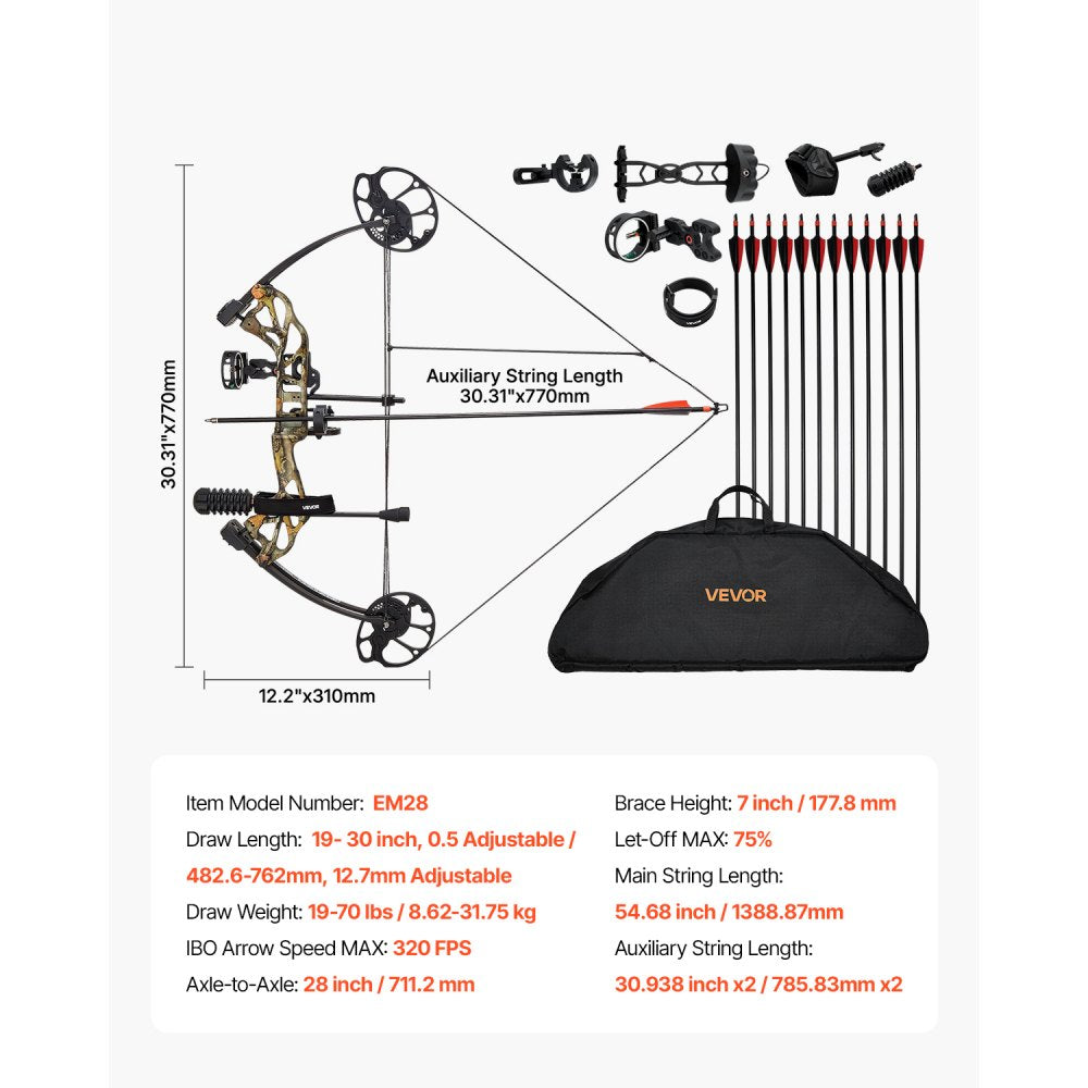 VEVOR Compound Bow Archery, Adjustable 19-30 in Draw Length Compound Bow Package for Beginner, 19-70 Lbs Draw Weight Archery Bows and Arrow Set, Right Hand Kit with Hunting Equipment, 320 fps
