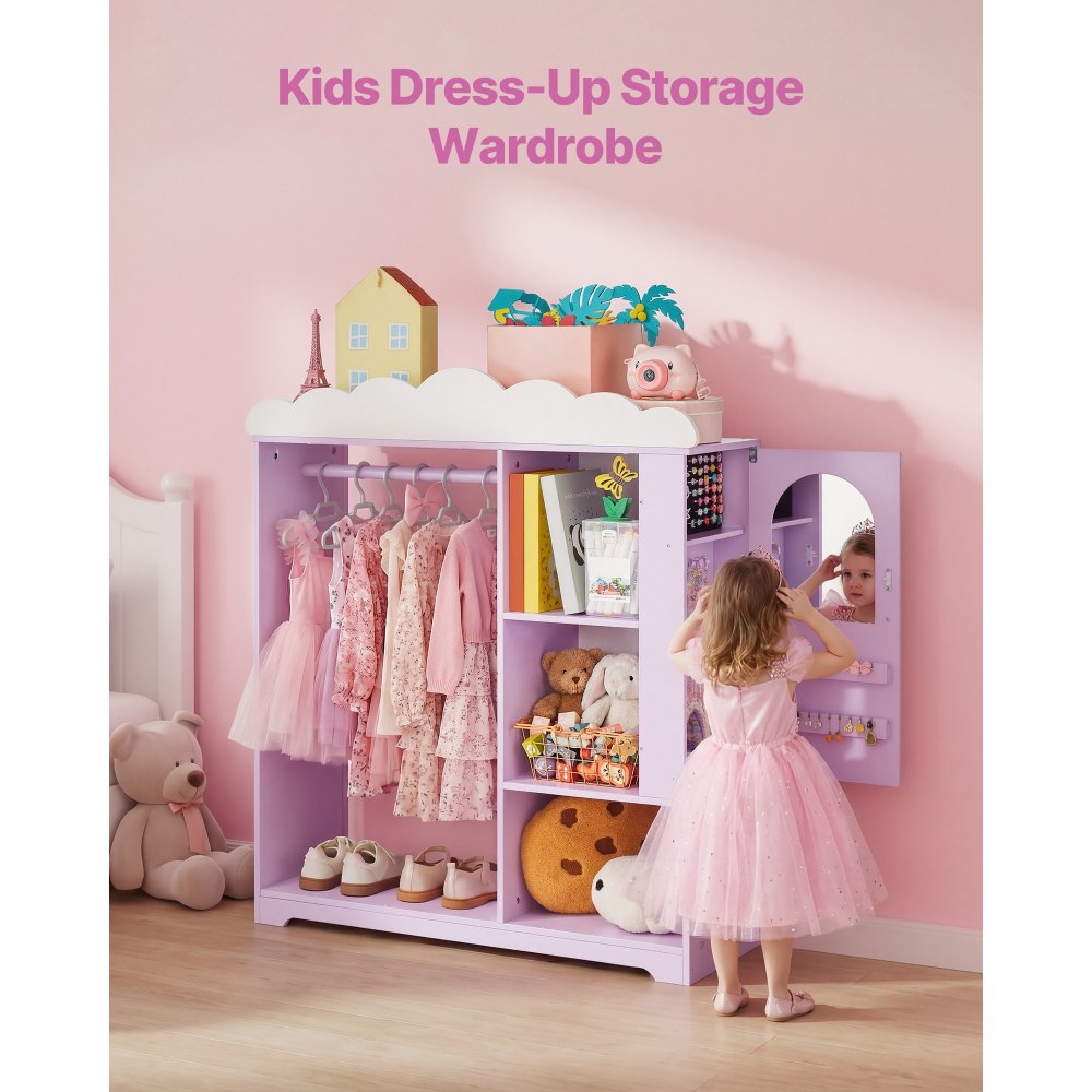 VEVOR Kids Dress Up Storage, with Jewelry Cabinet, Dress Up Closet with Mirror and Shelves, Princess Costumes Wardrobe Closet, Toddler Costume Organizer Armoire, for Bedroom, Kids Room, Girls, Purple