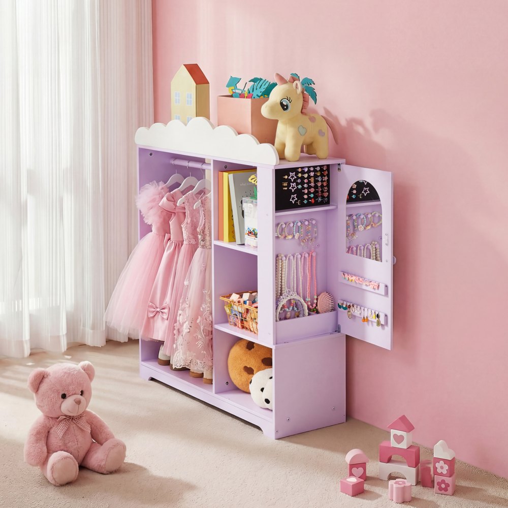 VEVOR Kids Dress Up Storage, with Jewelry Cabinet, Dress Up Closet with Mirror and Shelves, Princess Costumes Wardrobe Closet, Toddler Costume Organizer Armoire, for Bedroom, Kids Room, Girls, Purple