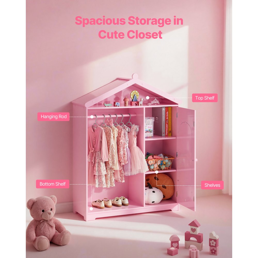 VEVOR Kids Dress Up Storage, with Mirror, Dress Up Closet, Kids Armoire Wardrobe Closet for Little Girls, Toddler Costume Organizer, Pretend Princess Storage Dresser, for Bedroom, Girls Room, Pink