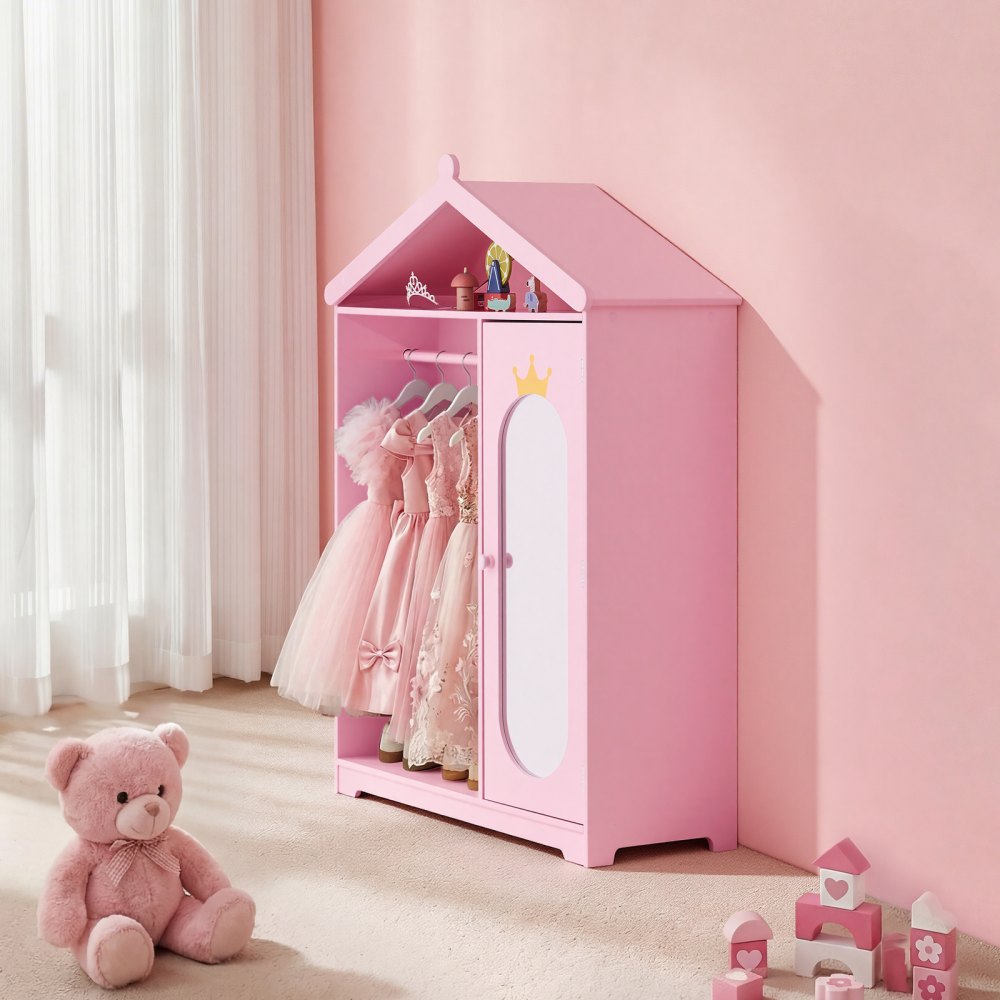 VEVOR Kids Dress Up Storage, with Mirror, Dress Up Closet, Kids Armoire Wardrobe Closet for Little Girls, Toddler Costume Organizer, Pretend Princess Storage Dresser, for Bedroom, Girls Room, Pink